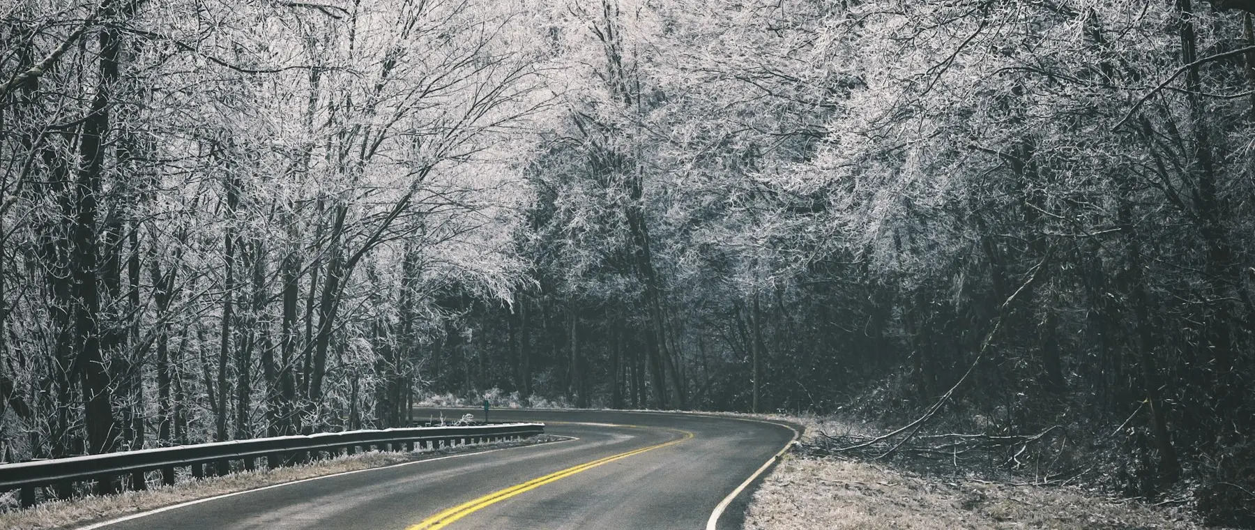Route de montagne givrée entre les arbres